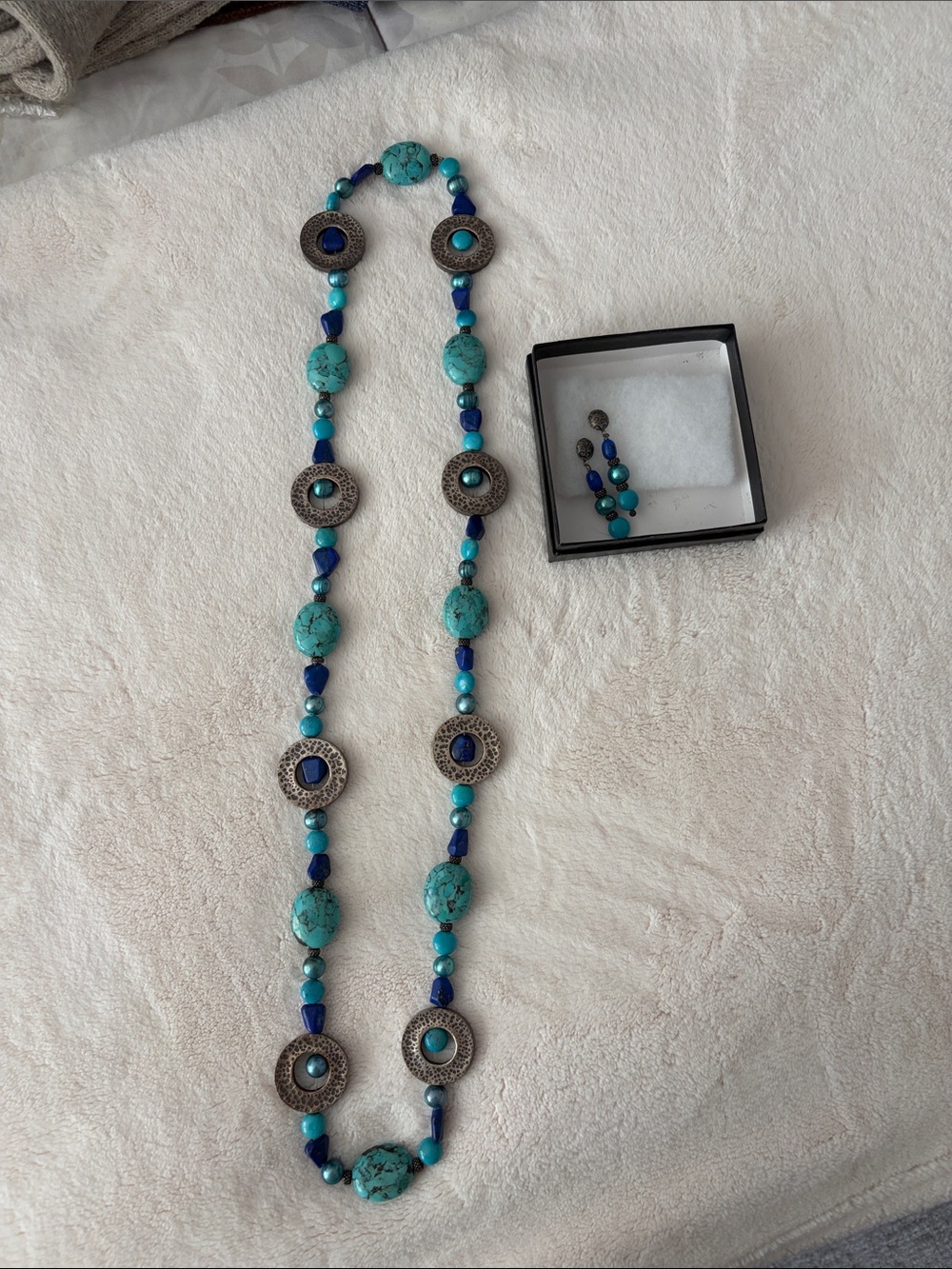 Turquoise & Navy Beaded Long Necklace with Matching Earrings